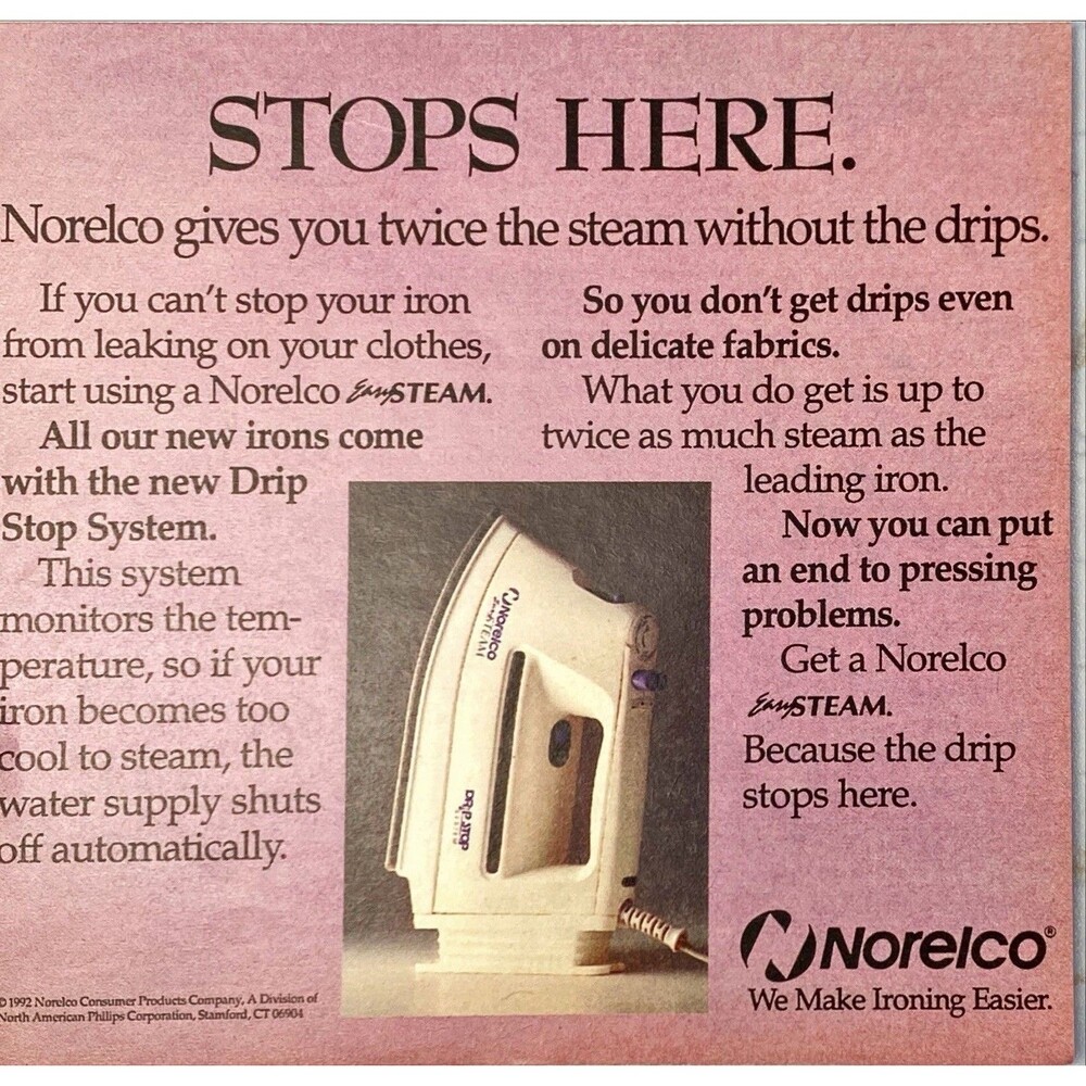 Norelco Drip Stop System Iron "Twice the stem No drips" Vintage Print Ad 1993